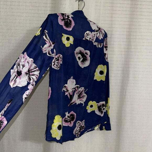 J. Crew XS Blue Pink Yellow White Black Floral Cotton Silk Long Sleeve Shirt - Picture 8 of 13